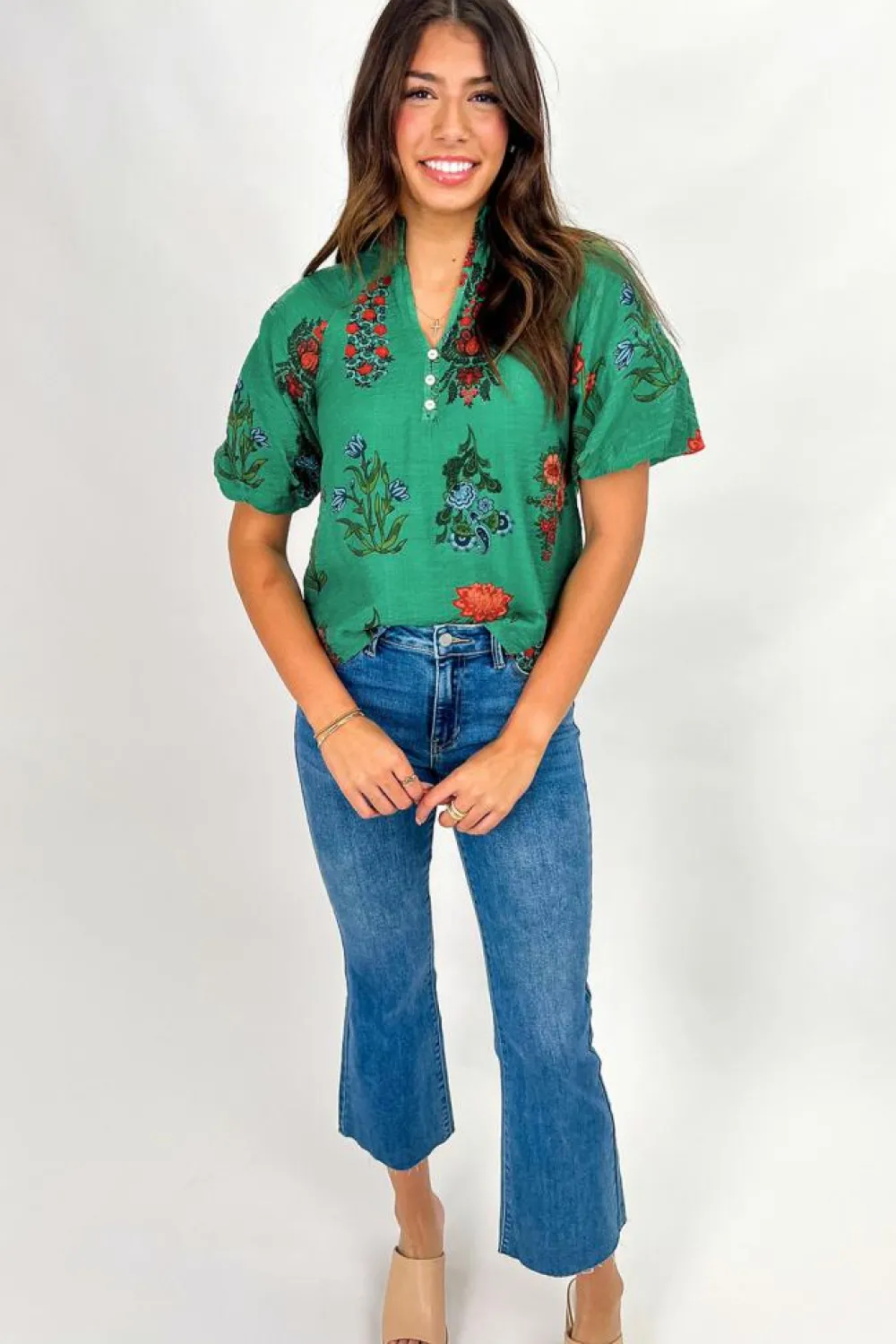 Fashion Dear-Lover Floral Print Buttoned V Neck Short Sleeve Blouse Bright Green