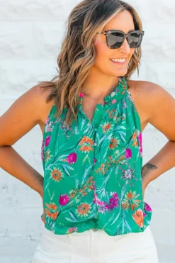 Sale Dear-Lover Floral Print Buttoned Neckline Tank Top Bright Green