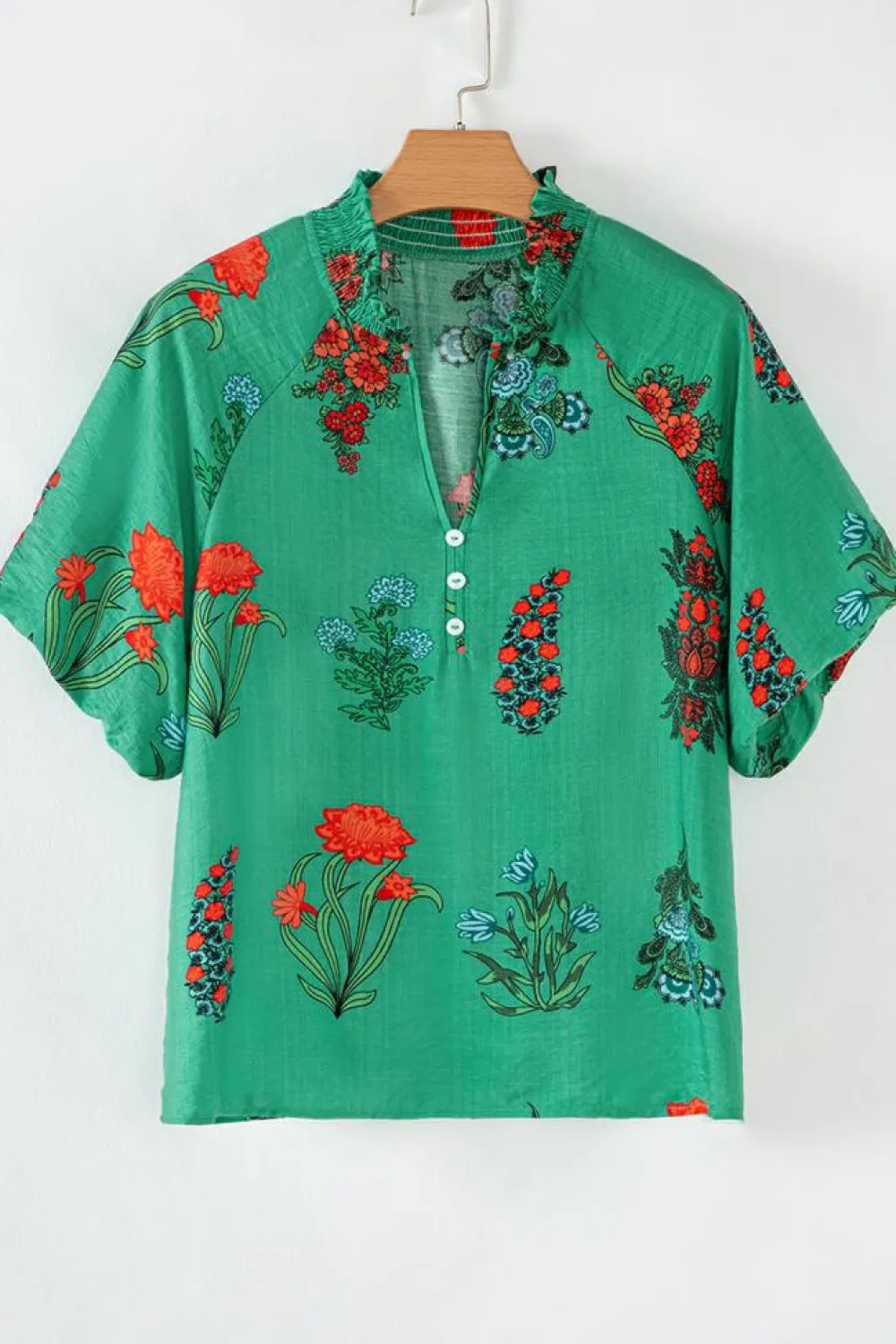 Fashion Dear-Lover Floral Print Buttoned V Neck Short Sleeve Blouse Bright Green