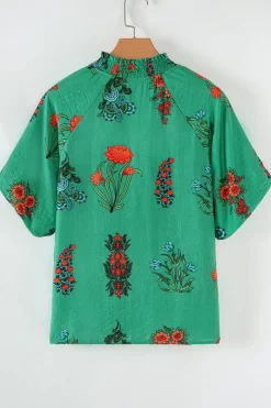 Fashion Dear-Lover Floral Print Buttoned V Neck Short Sleeve Blouse Bright Green