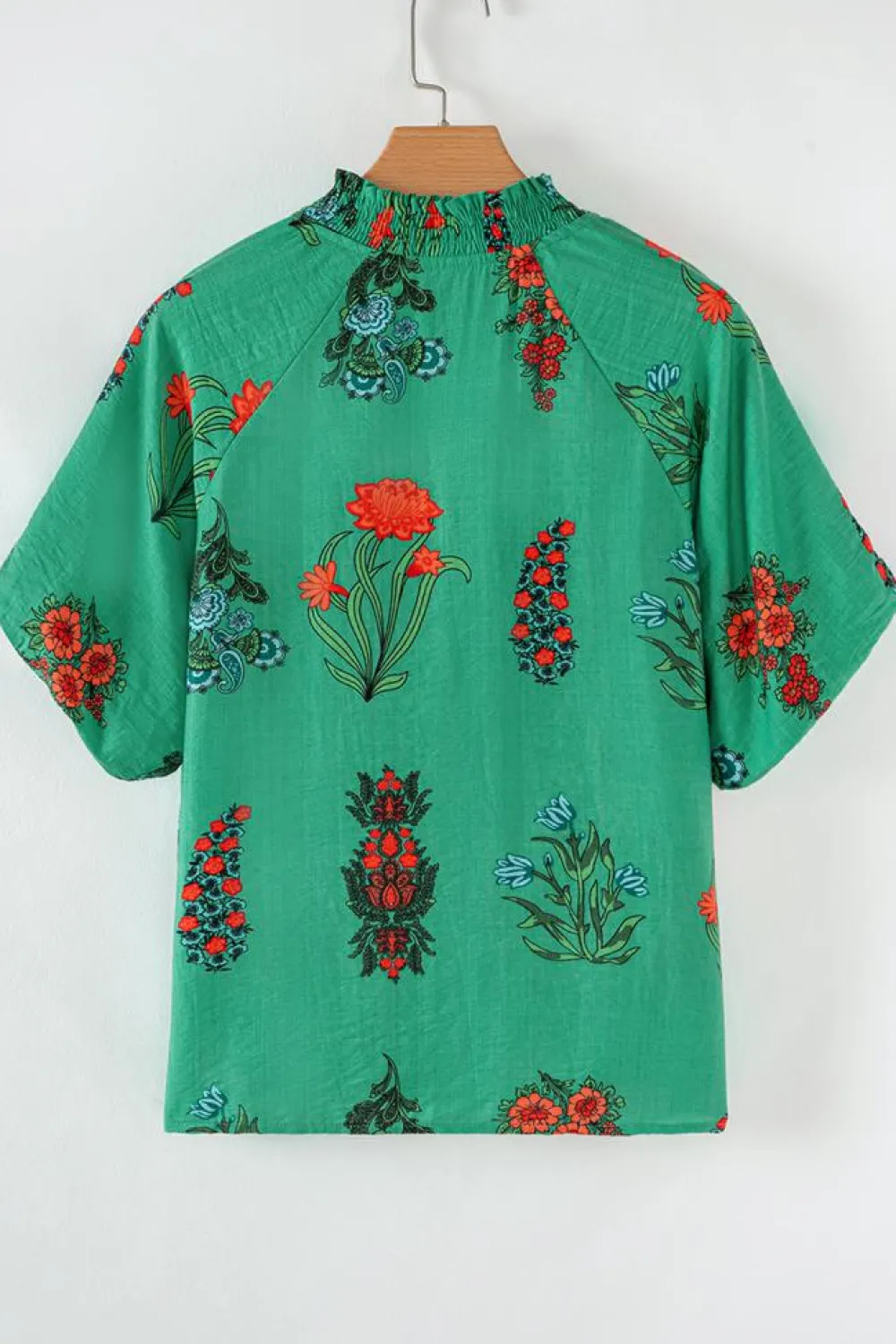 Fashion Dear-Lover Floral Print Buttoned V Neck Short Sleeve Blouse Bright Green
