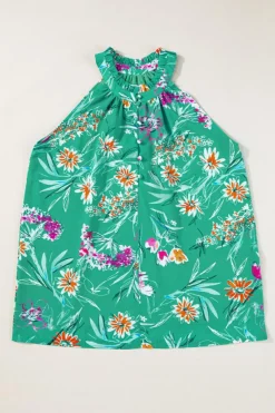 Sale Dear-Lover Floral Print Buttoned Neckline Tank Top Bright Green