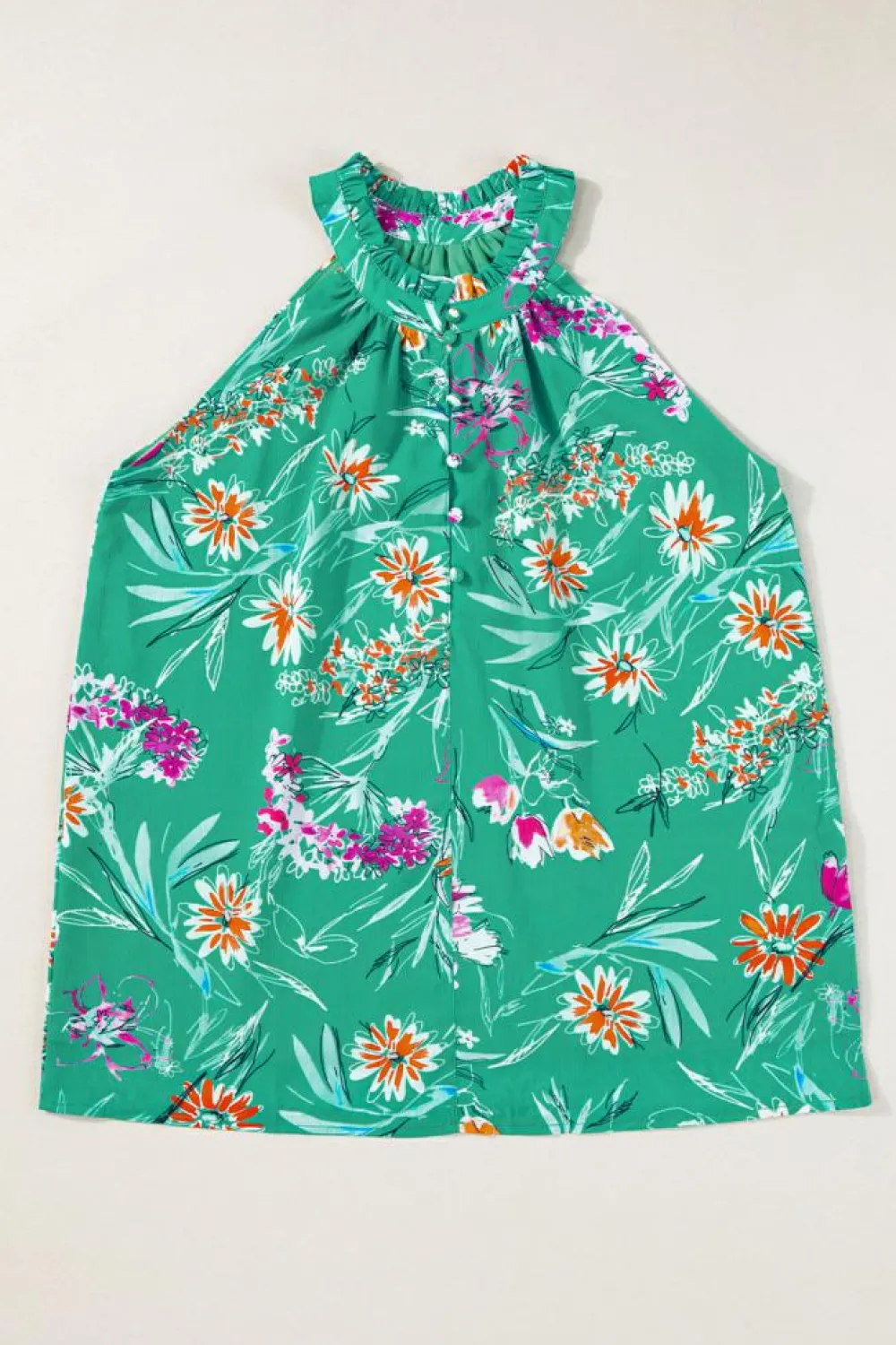 Sale Dear-Lover Floral Print Buttoned Neckline Tank Top Bright Green