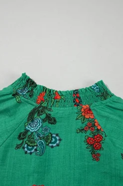 Fashion Dear-Lover Floral Print Buttoned V Neck Short Sleeve Blouse Bright Green