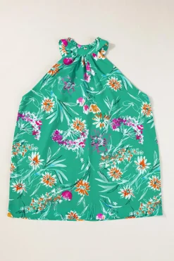 Sale Dear-Lover Floral Print Buttoned Neckline Tank Top Bright Green