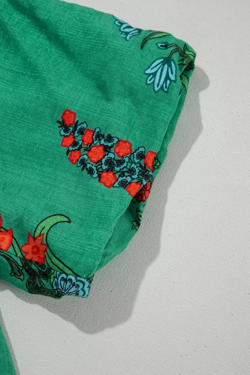 Fashion Dear-Lover Floral Print Buttoned V Neck Short Sleeve Blouse Bright Green
