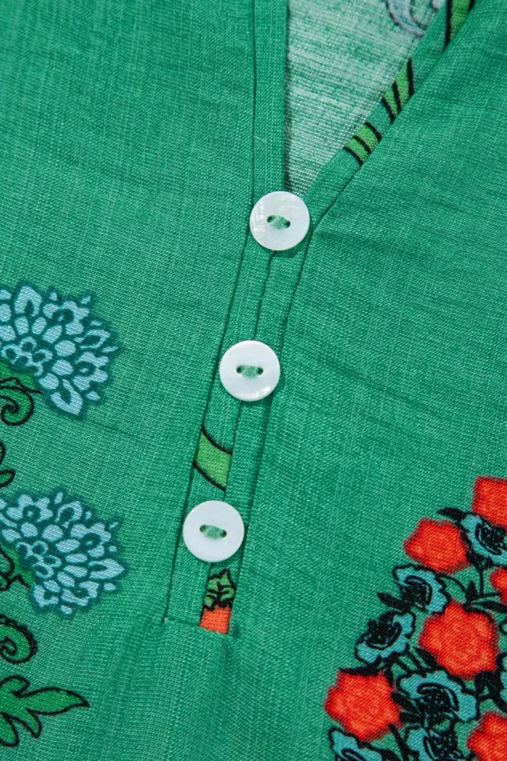 Fashion Dear-Lover Floral Print Buttoned V Neck Short Sleeve Blouse Bright Green