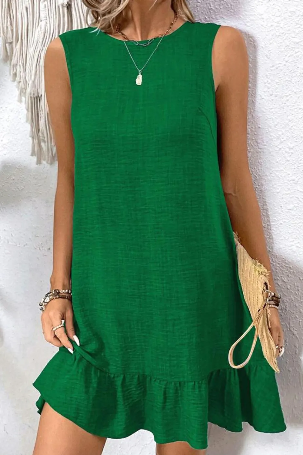 Sale Dear-Lover Knot Scoop Back Ruffle Hem Sleeveless Mini Dress Bright Green