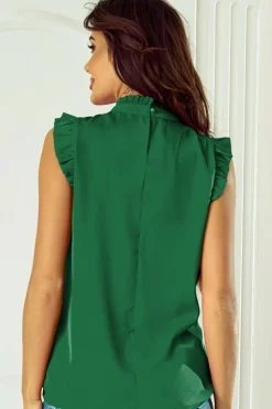 Online Dear-Lover Pleated Mock Neck Frilled Trim Sleeveless Top Bright Green