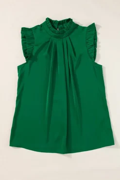 Online Dear-Lover Pleated Mock Neck Frilled Trim Sleeveless Top Bright Green