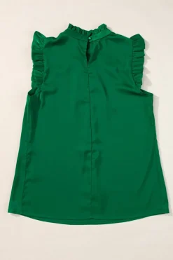 Online Dear-Lover Pleated Mock Neck Frilled Trim Sleeveless Top Bright Green