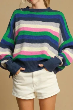 Hot Dear-Lover Rainbow Striped Crew Neck Drop Shoulder Sweater Bright Green