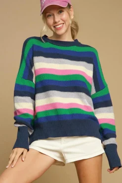 Hot Dear-Lover Rainbow Striped Crew Neck Drop Shoulder Sweater Bright Green