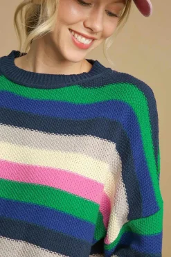 Hot Dear-Lover Rainbow Striped Crew Neck Drop Shoulder Sweater Bright Green