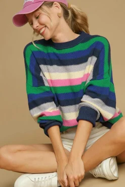 Hot Dear-Lover Rainbow Striped Crew Neck Drop Shoulder Sweater Bright Green