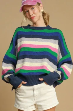 Hot Dear-Lover Rainbow Striped Crew Neck Drop Shoulder Sweater Bright Green