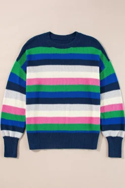 Hot Dear-Lover Rainbow Striped Crew Neck Drop Shoulder Sweater Bright Green