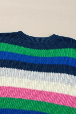 Hot Dear-Lover Rainbow Striped Crew Neck Drop Shoulder Sweater Bright Green