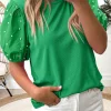 Hot Dear-Lover Ribbed Pearl Beaded Puff Sleeve Top Bright Green