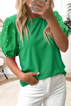 Hot Dear-Lover Ribbed Pearl Beaded Puff Sleeve Top Bright Green