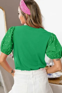 Hot Dear-Lover Ribbed Pearl Beaded Puff Sleeve Top Bright Green