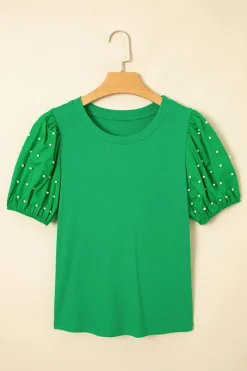 Hot Dear-Lover Ribbed Pearl Beaded Puff Sleeve Top Bright Green