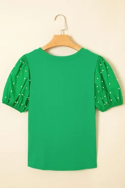 Hot Dear-Lover Ribbed Pearl Beaded Puff Sleeve Top Bright Green