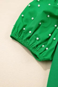 Hot Dear-Lover Ribbed Pearl Beaded Puff Sleeve Top Bright Green