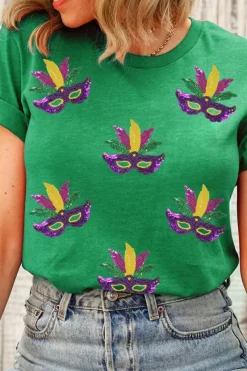 Discount Dear-Lover Sequin Mardi Gras Mask Patched Pattern Crewneck Tee Bright Green