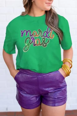 Discount Dear-Lover Sequin mardi gras Graphic T Shirt Bright Green