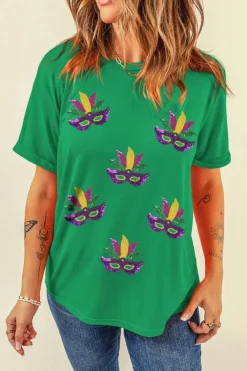 Discount Dear-Lover Sequin Mardi Gras Mask Patched Pattern Crewneck Tee Bright Green