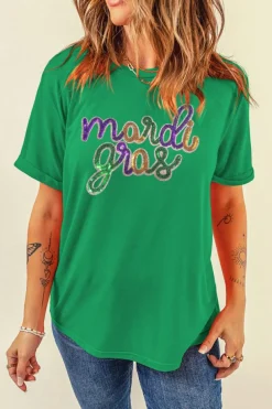 Discount Dear-Lover Sequin mardi gras Graphic T Shirt Bright Green