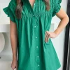 Clearance Dear-Lover Shirred Ruffle Sleeve Button Up Short Dress Bright Green