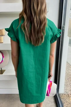 Clearance Dear-Lover Shirred Ruffle Sleeve Button Up Short Dress Bright Green