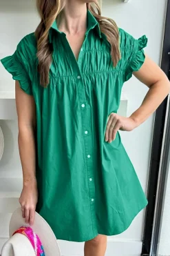 Clearance Dear-Lover Shirred Ruffle Sleeve Button Up Short Dress Bright Green