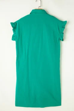 Clearance Dear-Lover Shirred Ruffle Sleeve Button Up Short Dress Bright Green