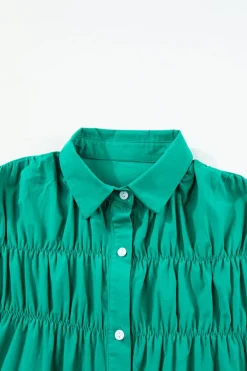 Clearance Dear-Lover Shirred Ruffle Sleeve Button Up Short Dress Bright Green