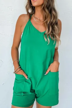 Outlet Dear-Lover Sleeveless Pocketed V Neck Jersey Romper Bright Green