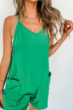 Outlet Dear-Lover Sleeveless Pocketed V Neck Jersey Romper Bright Green