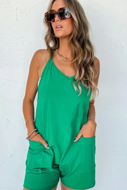 Outlet Dear-Lover Sleeveless Pocketed V Neck Jersey Romper Bright Green