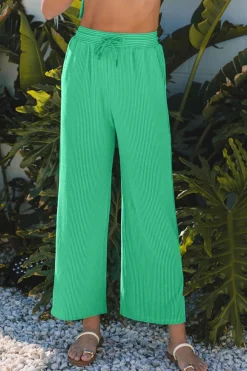 Fashion Dear-Lover Solid Corded Knit Short Sleeve T Shirt and Wide Leg Pants Set Bright Green