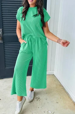 Fashion Dear-Lover Solid Corded Knit Short Sleeve T Shirt and Wide Leg Pants Set Bright Green
