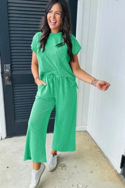 Fashion Dear-Lover Solid Corded Knit Short Sleeve T Shirt and Wide Leg Pants Set Bright Green