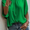 New Dear-Lover Solid Mock Neck Split Batwing Sleeve Blouse Bright Green