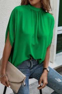 New Dear-Lover Solid Mock Neck Split Batwing Sleeve Blouse Bright Green
