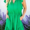 New Dear-Lover Split V Neck Elastic Waist Ruffled Dress Bright Green