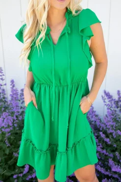 New Dear-Lover Split V Neck Elastic Waist Ruffled Dress Bright Green