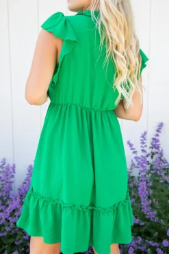 New Dear-Lover Split V Neck Elastic Waist Ruffled Dress Bright Green