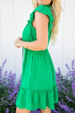 New Dear-Lover Split V Neck Elastic Waist Ruffled Dress Bright Green