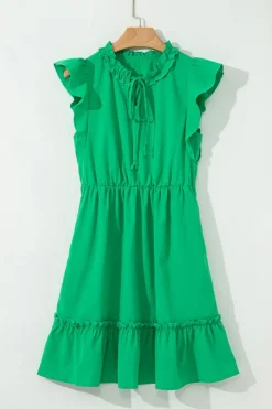 New Dear-Lover Split V Neck Elastic Waist Ruffled Dress Bright Green
